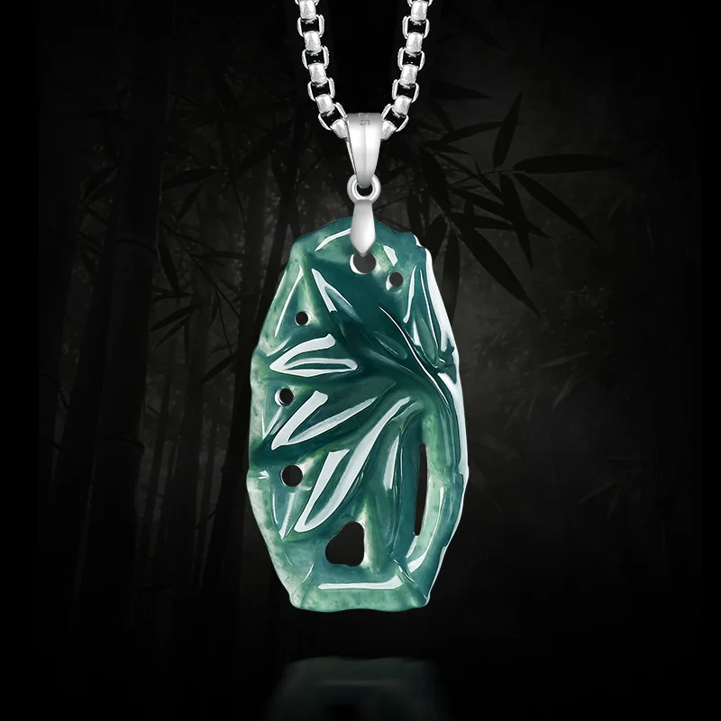 Natural A-grade Jadeite Blue Water Hollowed Bamboo Joint Pendant Necklace S925 Silver Inlay Ice Jade Flower Women's Jewelry
