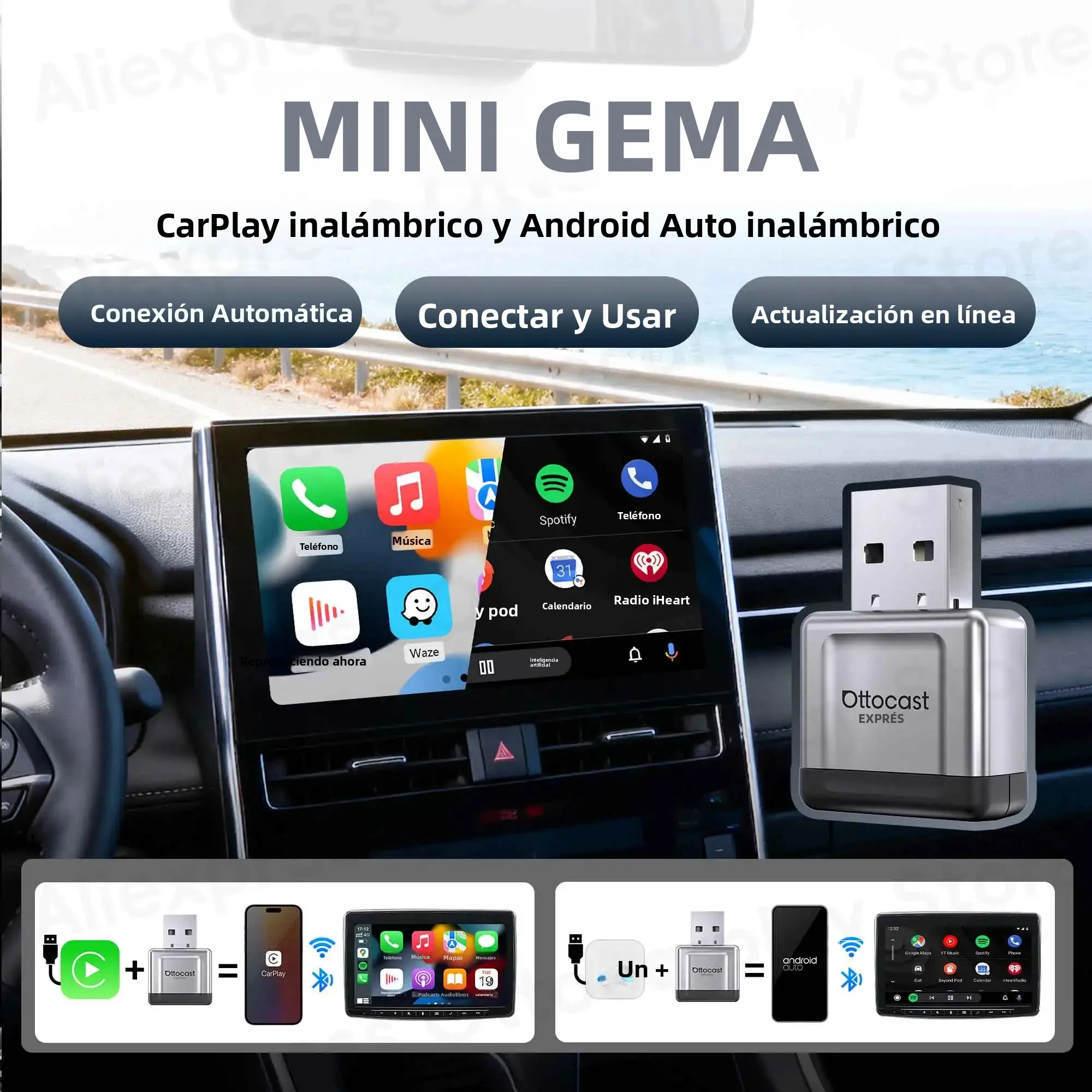Adaptador Ottocast Express Mini Gem Cube 3.0 Inalámbrico para Android Auto y CarPlay, Dongle USB 2026, Accesorios Bluetooth para Auto