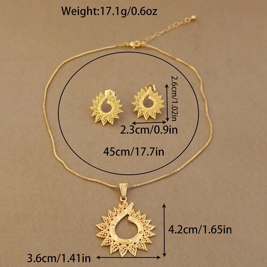 Ethiopian Jewelry Copper Gold Plated Set Serrated Flower Pendant Necklace Earrings Gold Color Africa Eritrea Wedding
