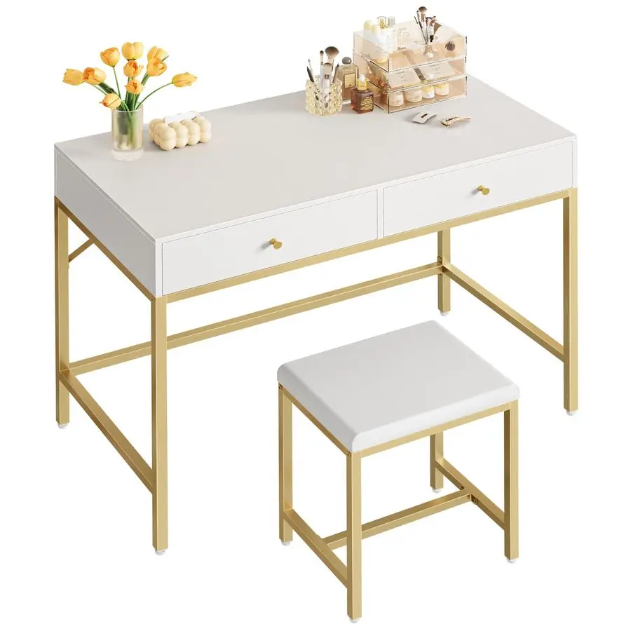 

35.4 White and Gold Desk with 2 Drawers, Modern Makeup Vanity with Padded Stool, Small Computer Desk Home Office Desk for Writi