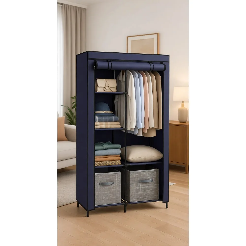 Large Capacity Portable Closet Organizer with Fabric Cover and Shelves, Dark Blue, One Size