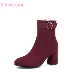 Brand New Comfortable Wine Red Black Women Ankle Boots Med Sqaure Heels Lady Shoes Plus Big Small Size 10 30 43 46