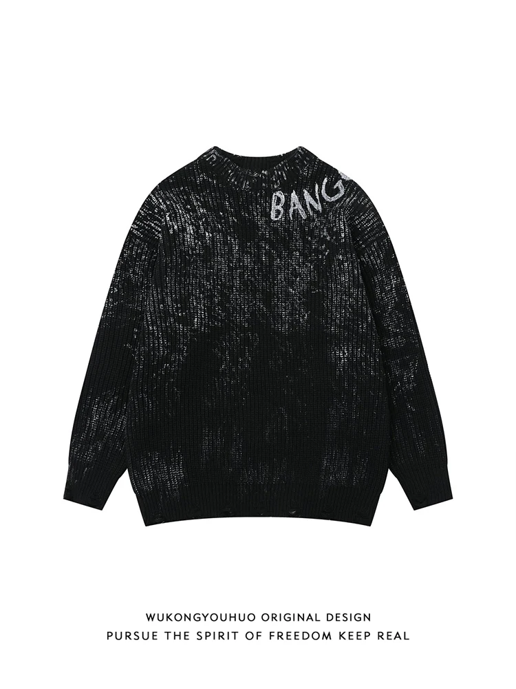 

k Sle American High Street Dye Spray round Ne Sweater Men's Trendy Brand Haome Knitted irt Comfortable Fit Long S...