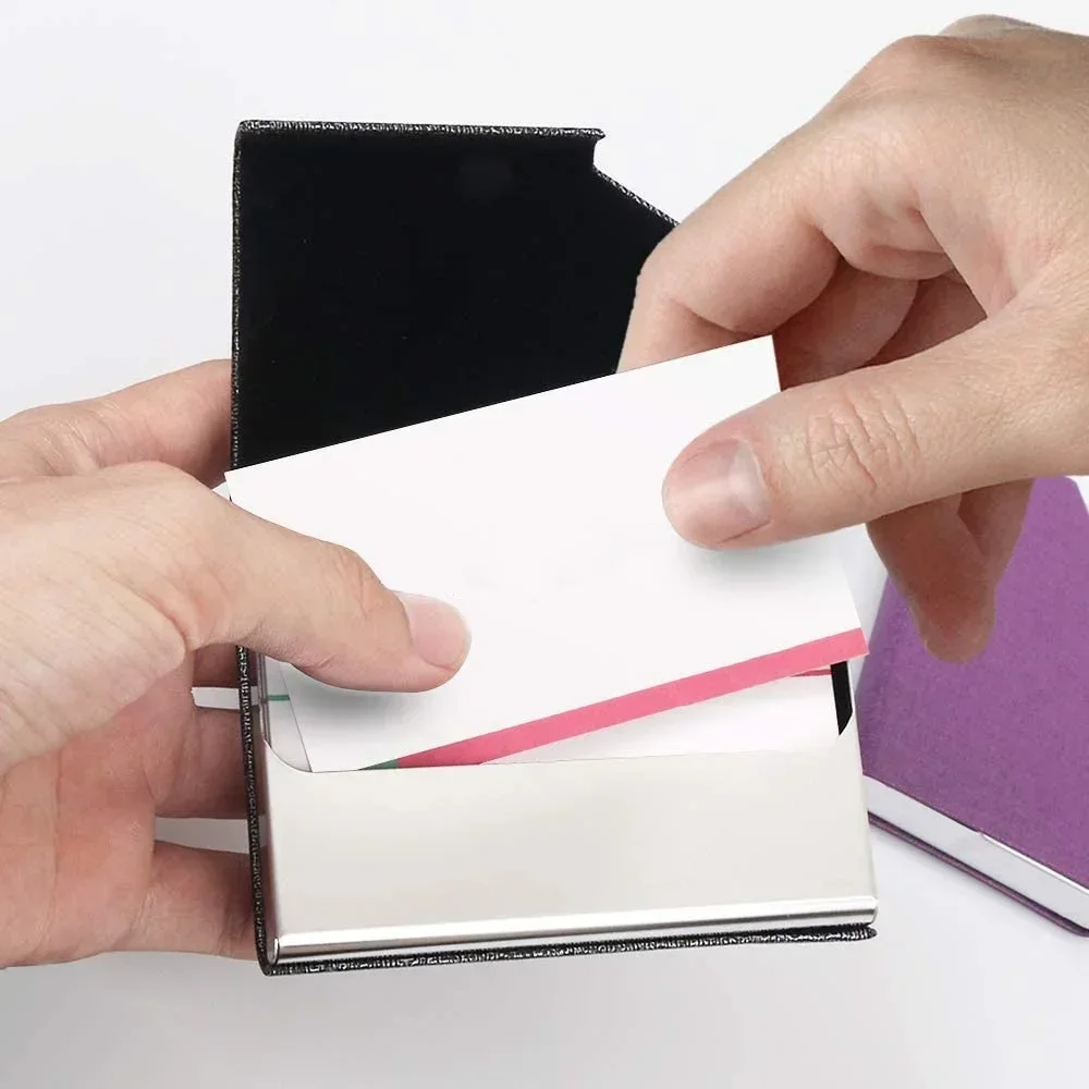 Magnetic PU Leather Business Card Holder, Stainless Steel Card Case for Men & Women, Office Gift, Holds 20 Cards