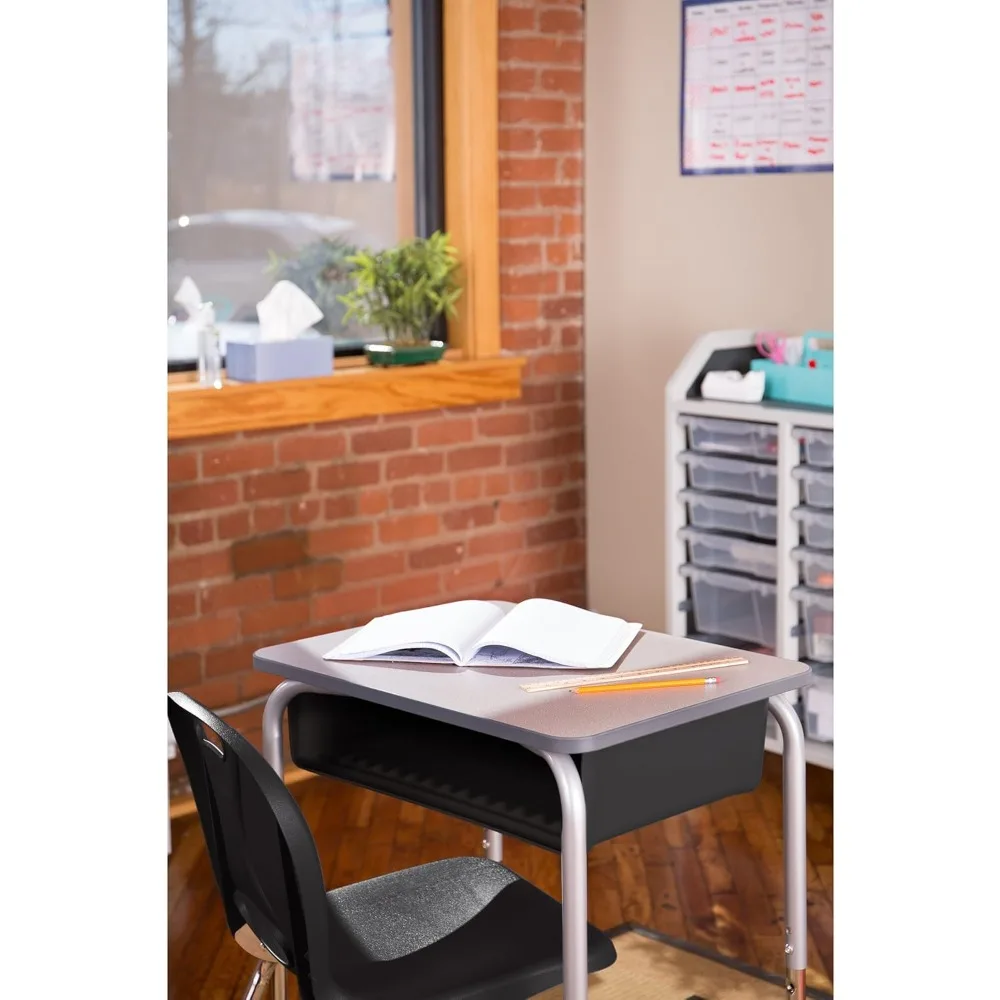 Adjustable Height Student Desk with Book Box, Open Front School Desk with Storage and Adjustable Legs, Gray/Black