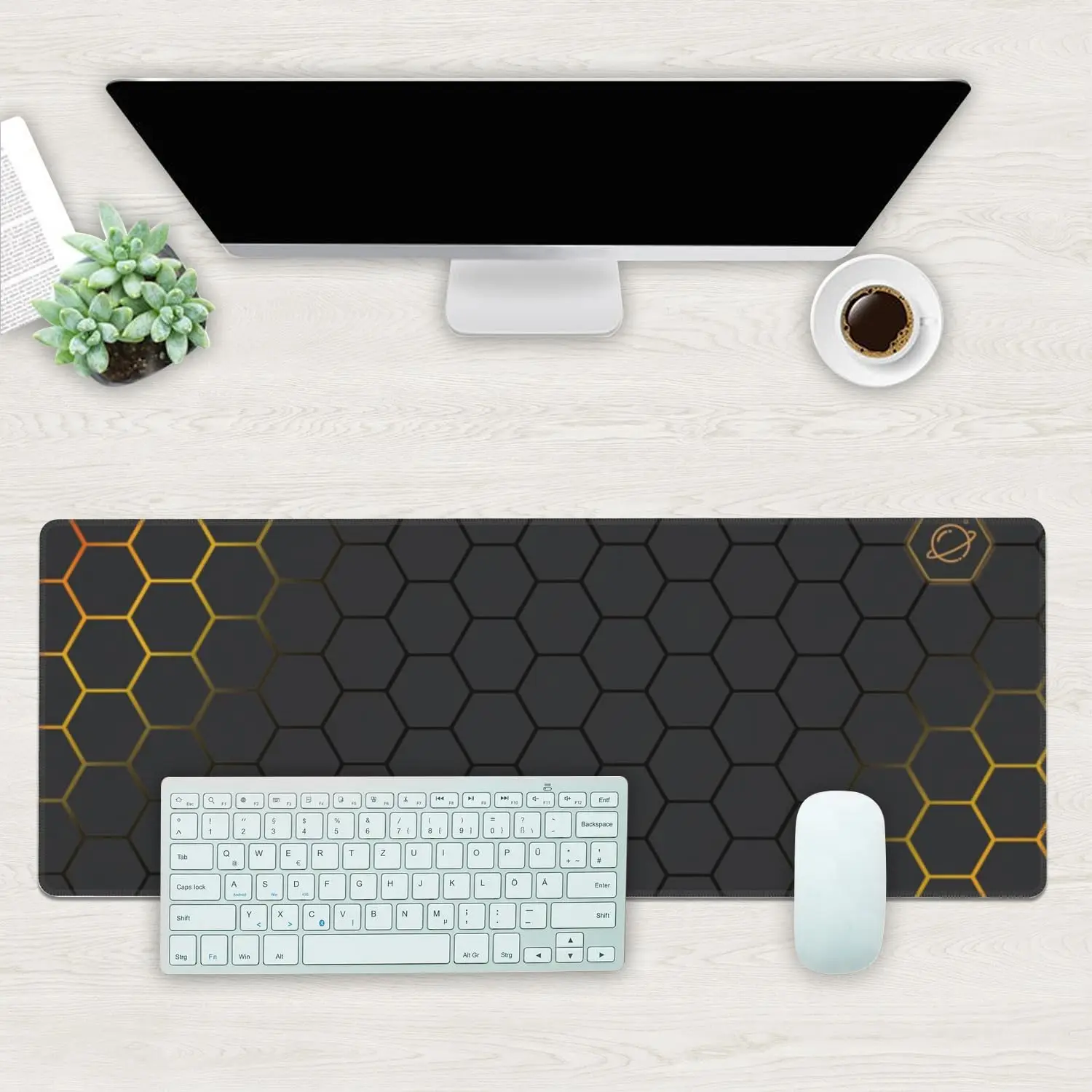 Cool Hexagon Honeycomb Desk Mat,Black Gold Tech Large Extended Gaming Mouse Pad,Waterproof Non-Slip Keyboard Pad for Home Office
