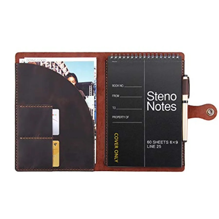 

Leather Folio Cover for 6"x9" Steno Pads, Handmade Leather Cover for A5 Size Notebook with Pen Loop, Leather Cover Compatible w
