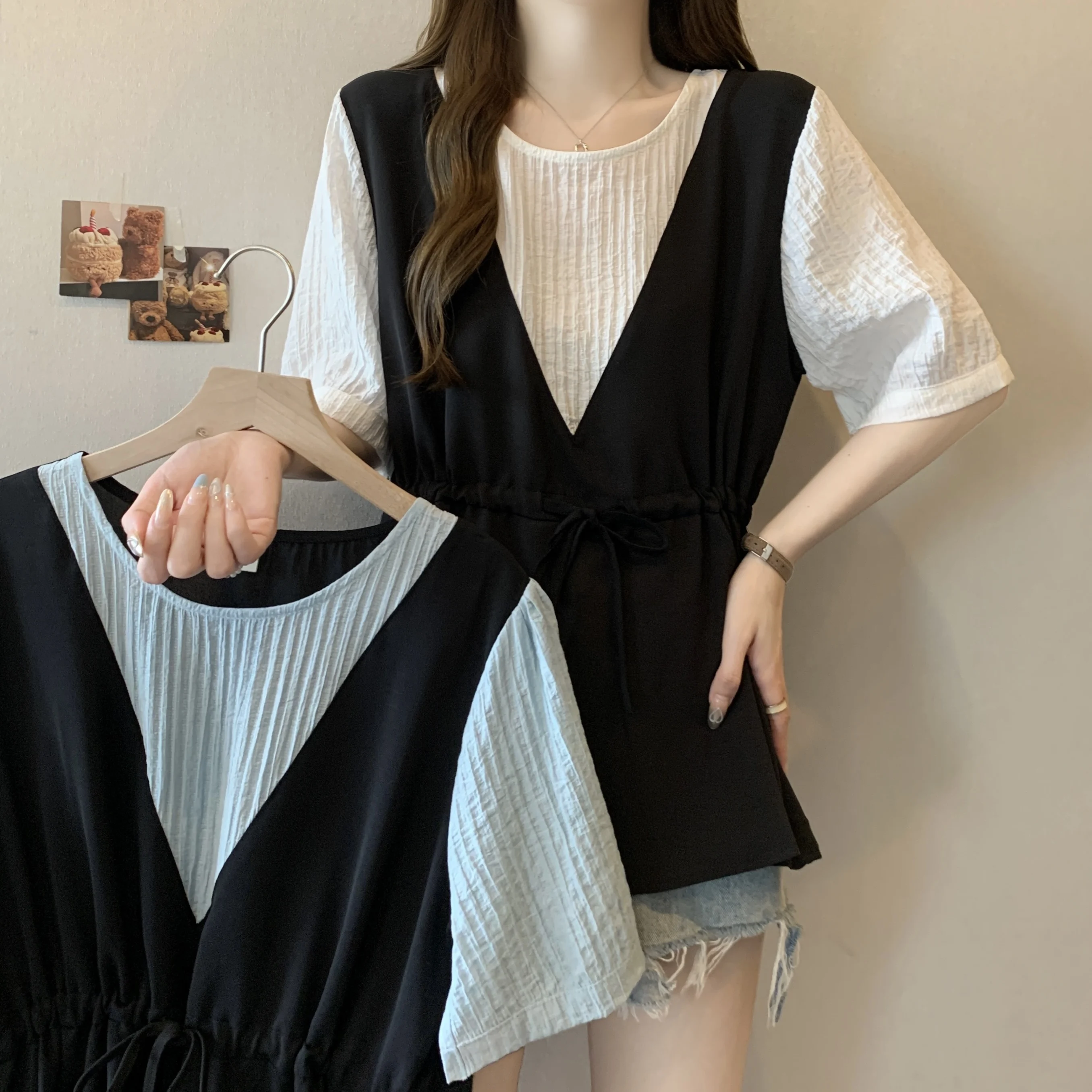 

Женская модная летняя футболка больших размеров с завязками на талии, скрывающая живот ort Sve round Ne Top, корейский Sle Strai...