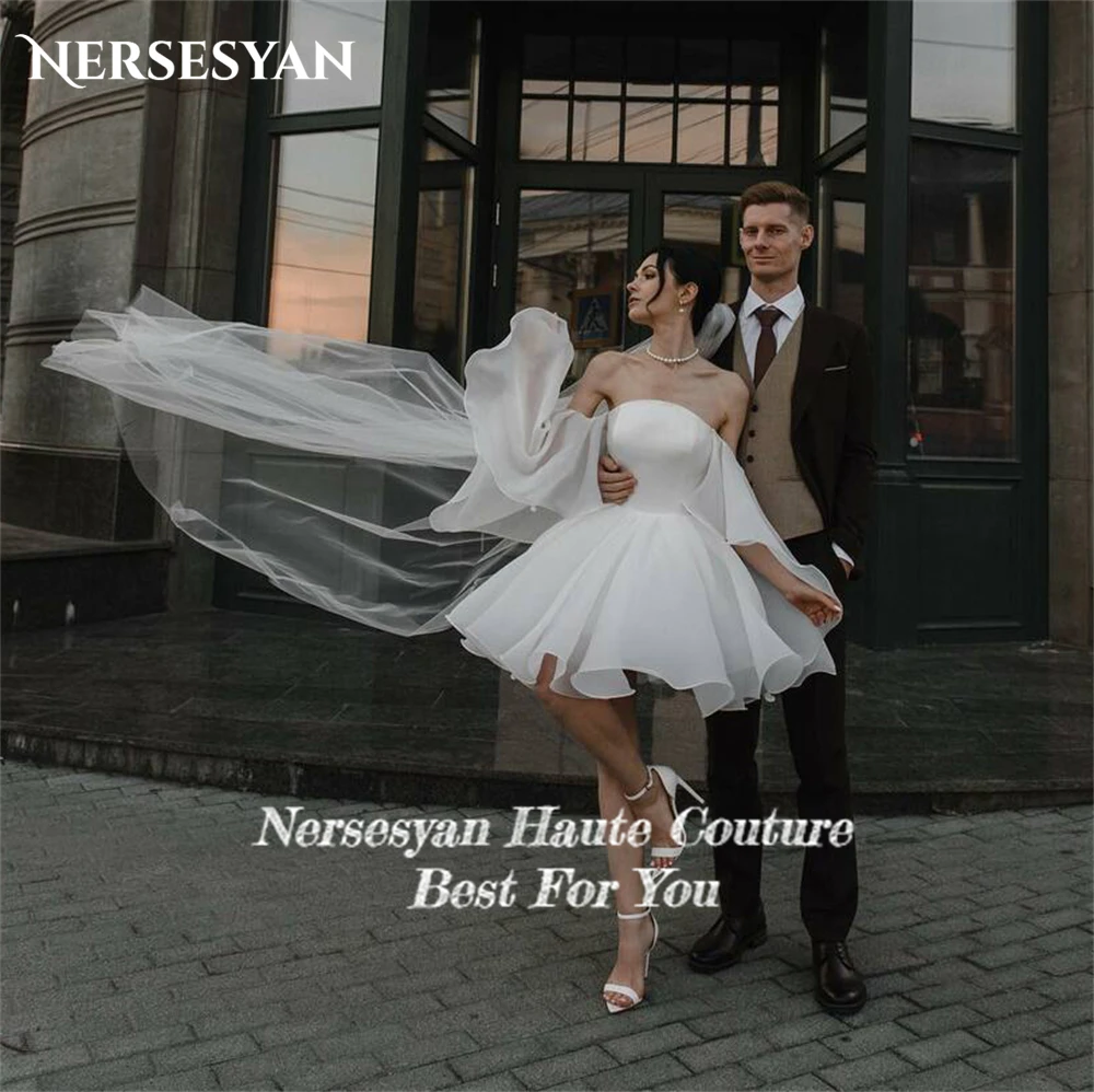 Nersesyan Elegant Chiffon Wedding Dresses Mini Off Shoulder Angel Sleeves A-Line Bridal Gowns Backless Strapless Bride Dress