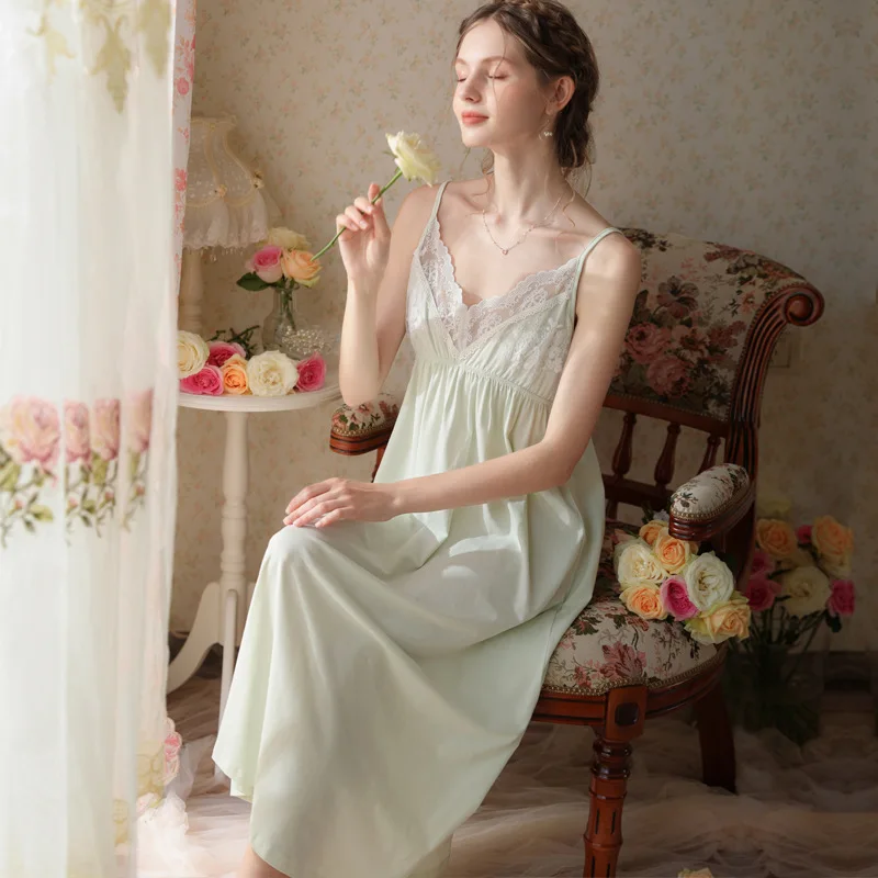 Victorian Vintage Cotton Nightgown Princess Sleepwear Nightwear Romantic Sexy V Neck Nightdress Solid Color Long Night Dress