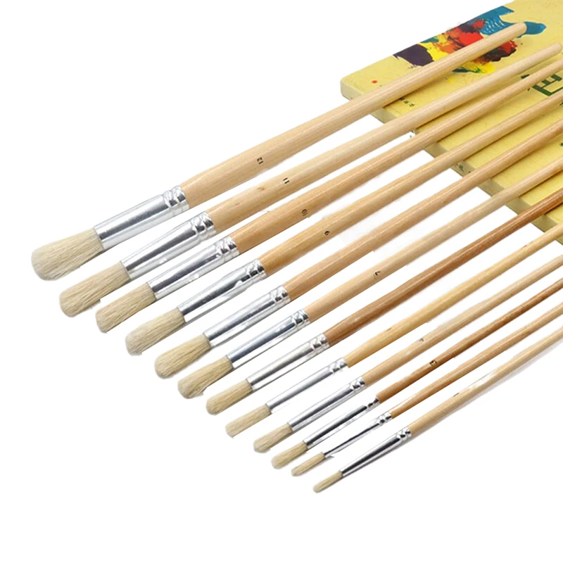 New New 12Pcs Oil Brushes Round Head Pig Bristle Hair Acrylic Art Brushes Long Wood Rod Painting Brush Artist Supply