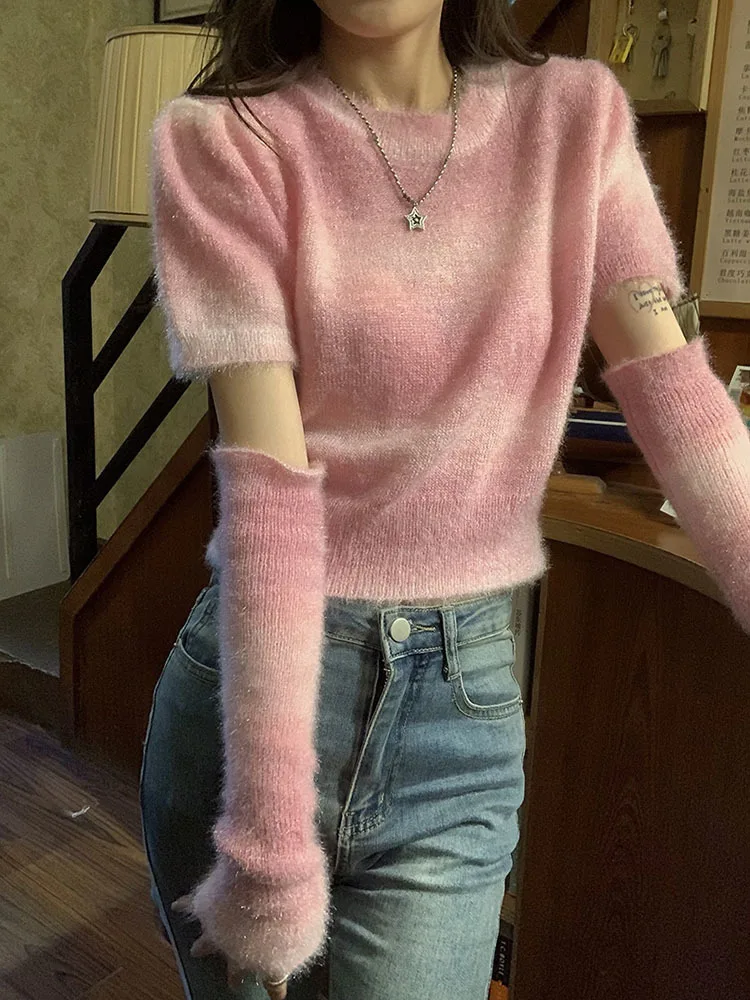 Suéter de punto de manga corta para mujer, Jersey suave y cálido de Color degradado de Cachemira de visón de estilo coreano, otoño 2022