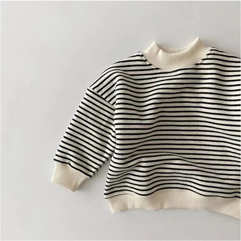 Winter Children Fleece Lining Sweatshirt Kids Boys Striped Hoodies Tees Baby Girls Turtleneck Casual Warm Tops Infant Clothing