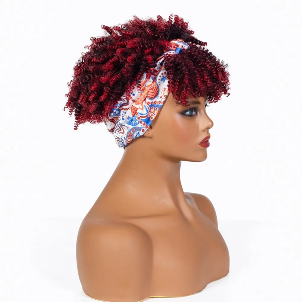 Synthetic Short Kinky Curly Headband Wigs for Black Women With Scarf Afro Natural Curly Hair Daily Use Or Party Cosplay Hair Wig