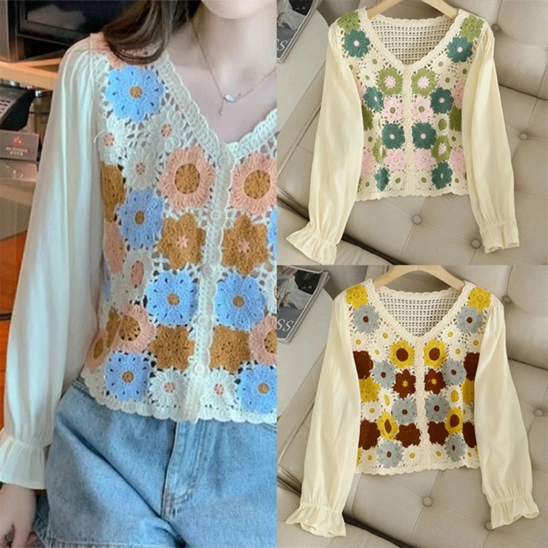 Women Long Sleeve Button Down T-Shirts Sweet Knitted Crochet Open Front Cardigan Dropship