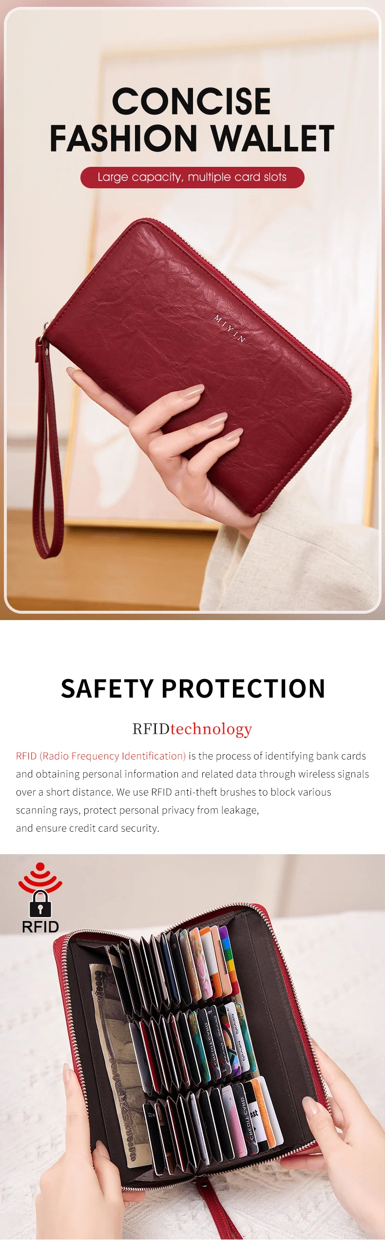 RFID-Diebstahlschutz Damen-Clutch-Tasche Retro Multi-Kartenfach Akkordeon-Geldbörse Einfarbig Große Kapazität Reißverschluss-Kartenhalter – Detail 1
