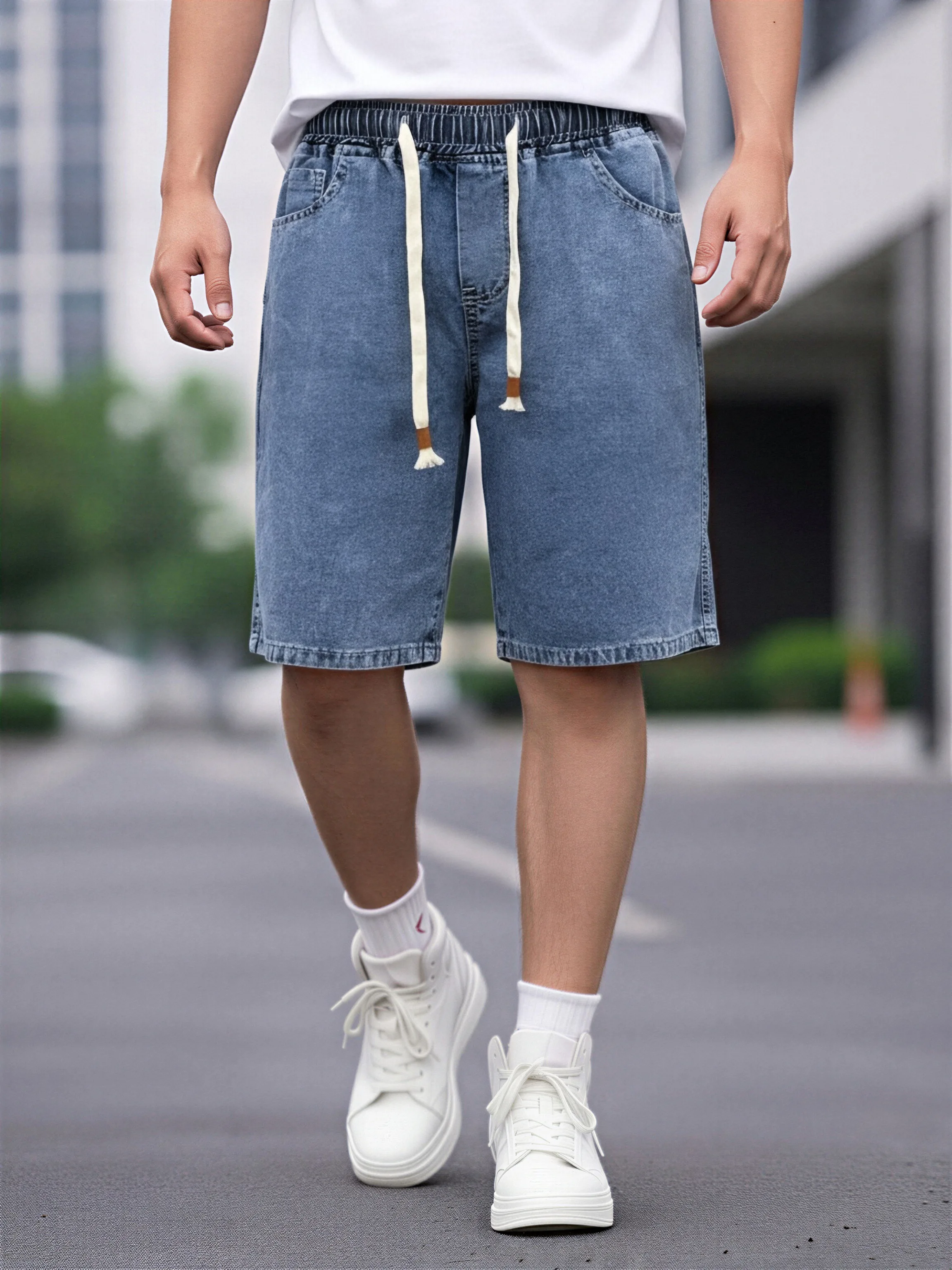 

Men Jeans Denim Pants Clothing Trousers Shorts Men's Light Wash Elastic Waist Drawstring Denim Shorts Casual Loose Fit Knee Leng