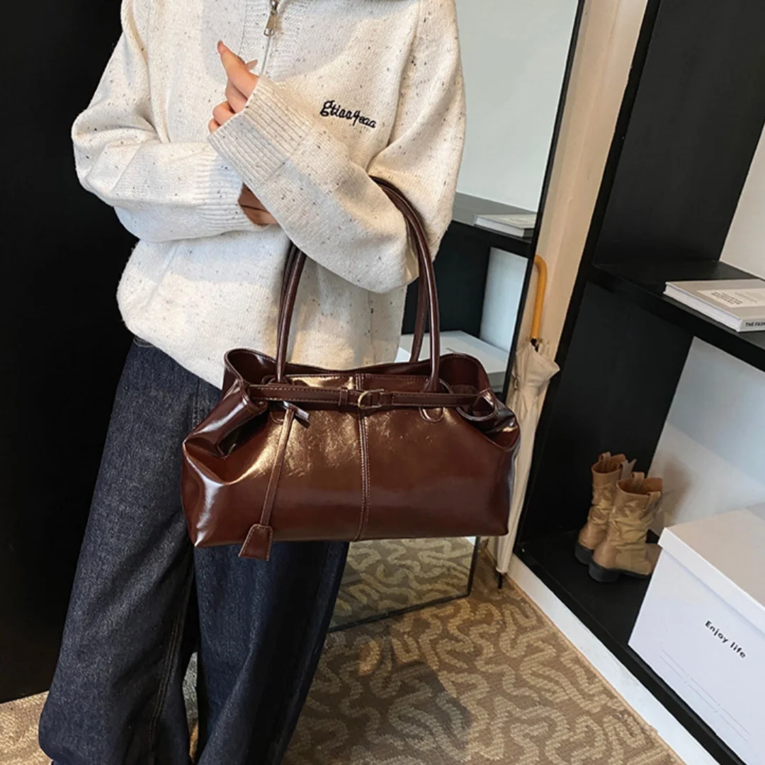 Women Shiny Oil Wax PU Leather Tote Bag Vintage Belt Buckle Shoulder Bag Large Capacity Hobo Handbag for Office Daily Commute
