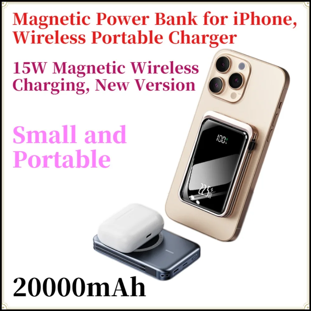 

20000mAh External Battery Pack, Magnetic Wireless Charger with Dual Cables, 15W Output, Universal for iPhone Devices