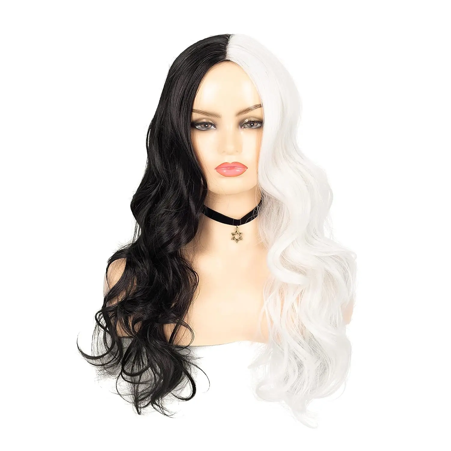 Black and White Wig, 28inch Long Curly Hair, Synthetic Fiber Headpiece, Large Waves with Center Parting, Suitable for Festival Use