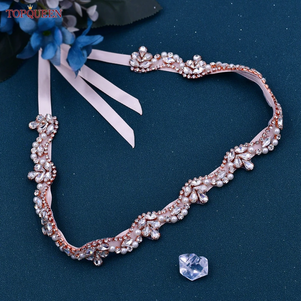 TOPQUEEN S421-RG Bridal Belt Luxury Rose Gold Decoration for Bride Women Wedding Party Evening Gown Dresses Handmade Beaded Sash