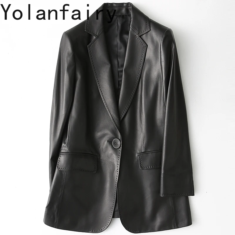 YOLANFAIRY 100% Skórzana Kurtka Damska 2025 Wiosna Jesień Koreańska Moda Dopasowany Krój Prawdziwa Skóra Owcza Kurtki Płaszcze