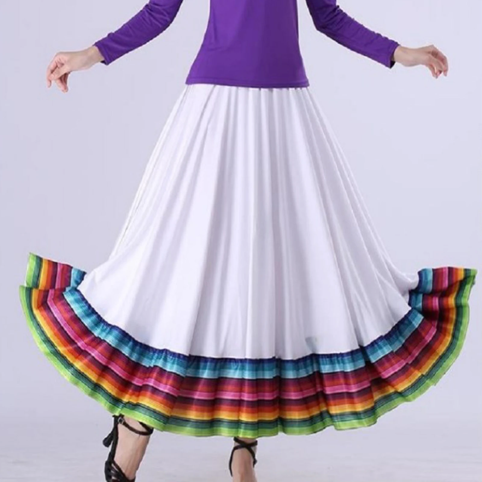 Womens Flamenco Ballroom Dance Skirt Folk Dancing Stage Performance Costume Colorful Stripe Hem Elastic Waistband Skirt 2024 New