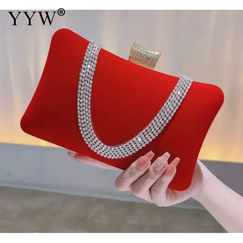 Red Elegant Evening Bag Rhinestone Decor Satchel Clutch Suitable For Wedding Prom Dinner Party Hanbangs Velvet Mini Formal Bags