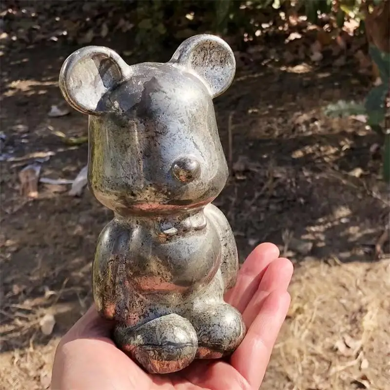 15CM Natural Pyrite Cartoon Bear Carving Animal Statue Quartz Healing Energy Gemstone Crafts For Christmas Gift 1pcs