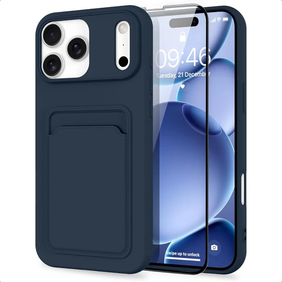 

MZELQ Совместим с iPhone 17 Pro Max Чехол 2025 ТПУ Держатель для карт КошелекЗащита камеры + Защитная пленка для экрана Мягкий слот для карт Pho