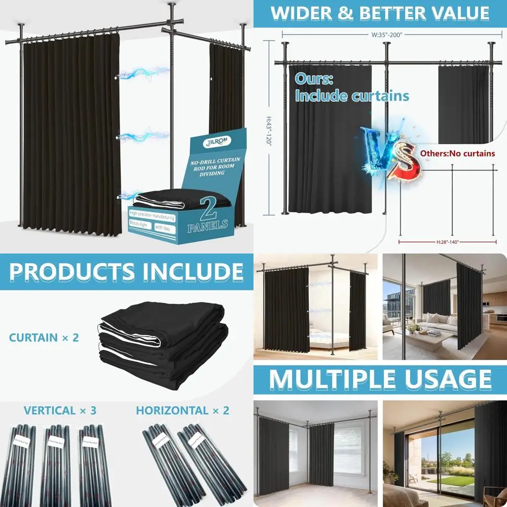 

Регулируемый комплект из 2-х черных ширм-перегородок для комнаты, ширина 106 см, высота 84 см, с удлиняемыми кронштейнами для штанг