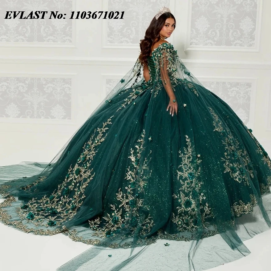 EVLAST-Vestido Princesa Verde Esmeralda, Vestido Quinceanera, Aplique Dourado de Renda, Frisado com Capa, Sweet 16, SQ236, 15 Anos