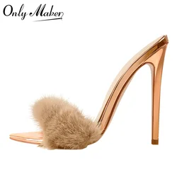 Onlymaker Women Peep Toe Mules Artificial Fur Slip On Gold White Thin High Sandals Big Size High Quality Summer Brand Heels