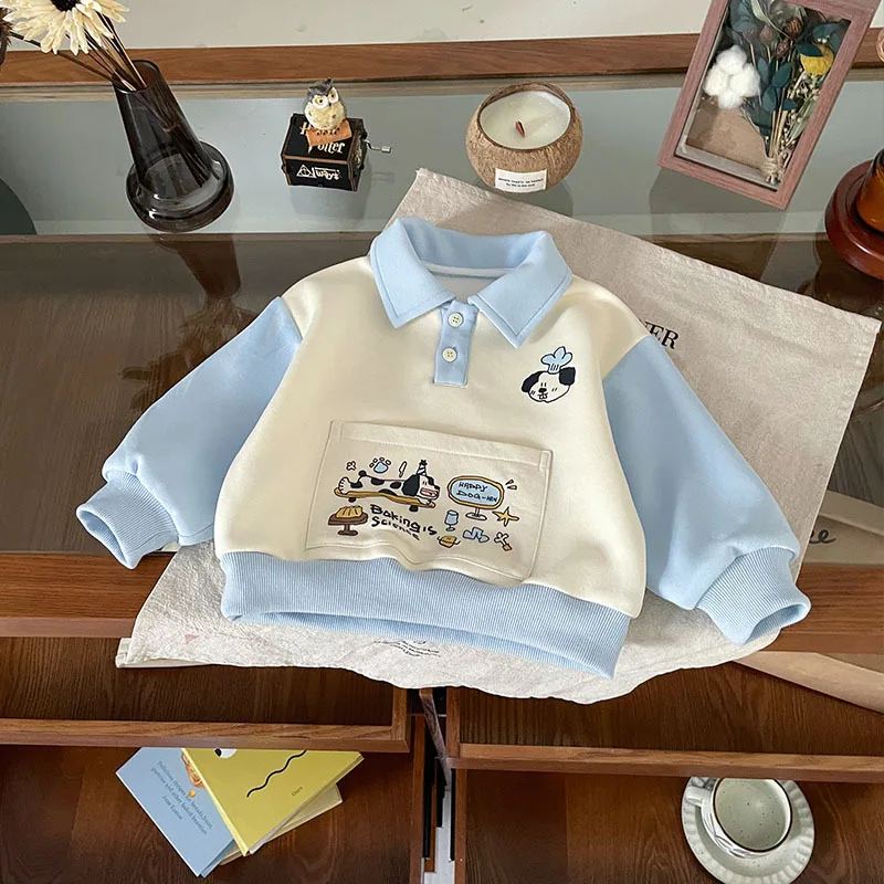 Spot GoodsQY255312Boy's hoody2025خريف جديد جيب طباعة بدوره إلى أسفل طوق المرقعة راجلان