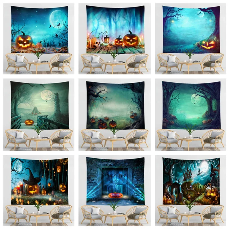 Halloween Tapestry Wall Hanging Sandy Beach Throw Rug Blanket Camping Tent Travel Pumpkin Bats Sleeping Pad Tapestries