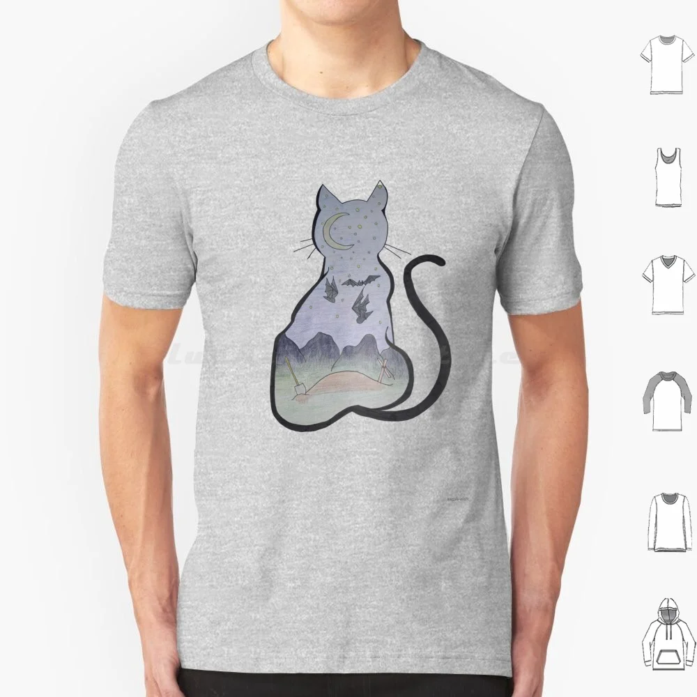 مقبرة القط تي شيرت كبير الحجم 100٪ قطن القط ليلة الخفافيش قبر Geaveyard قطع انقطاع