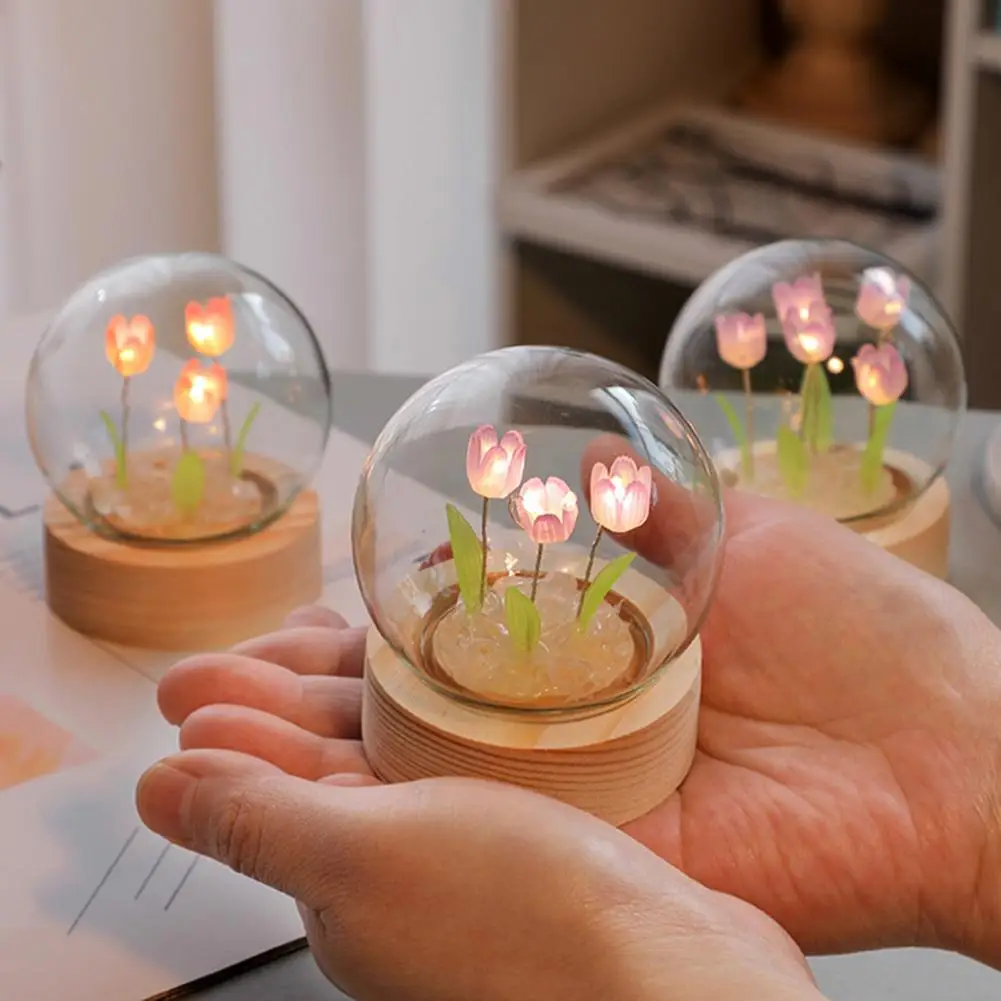 Night Light DIY Craft Party Supplies1 Set Tulip Night Light Soft Lighting Wooden Base Realistic Battery-operated Easy Installati