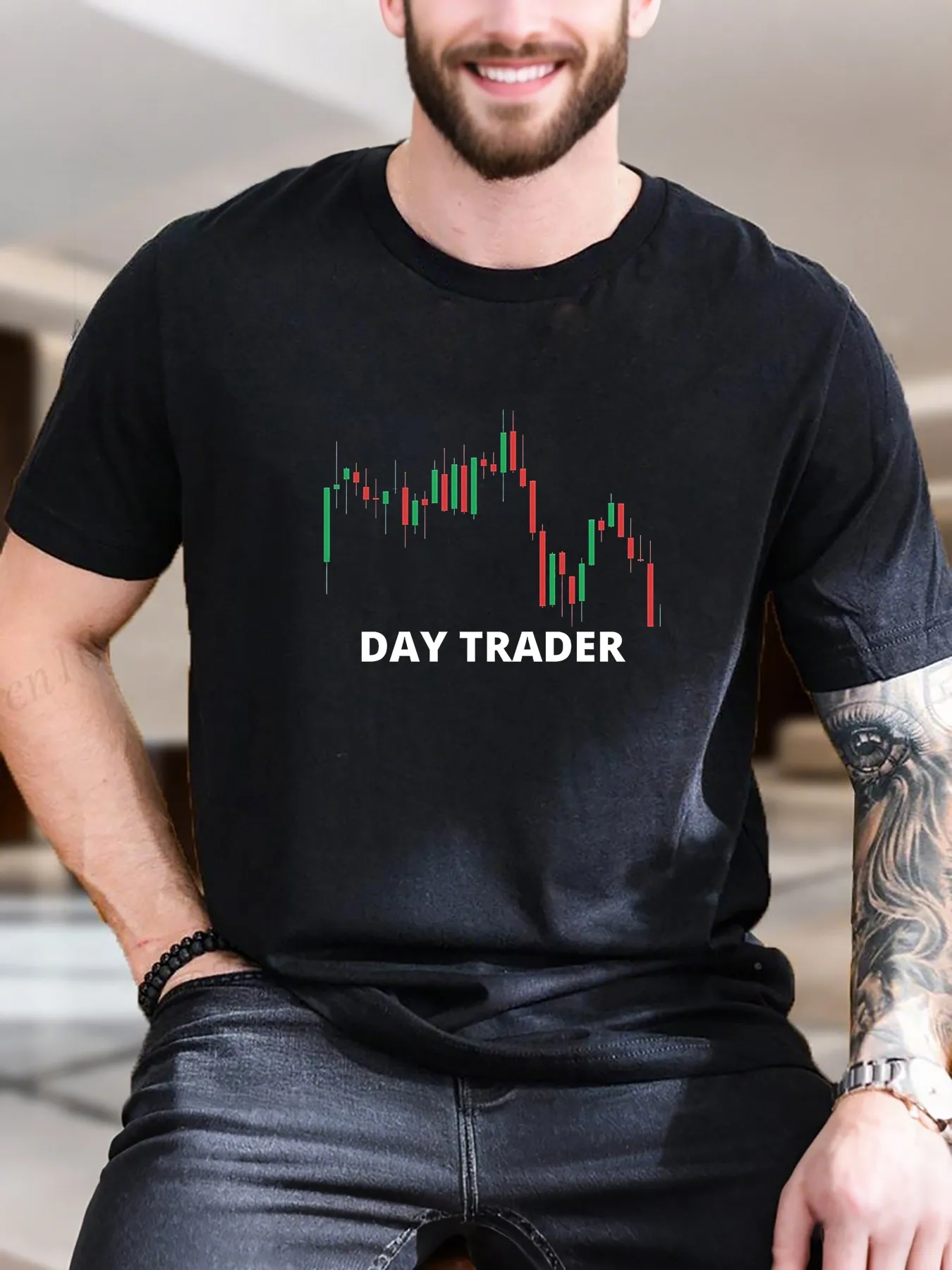 

Men's Graphic Print T-Shirt - Forex Chart with Red & Green Arrow Design, 100% Cotton, Soft & Breathable, Casual Summer Outfit, T