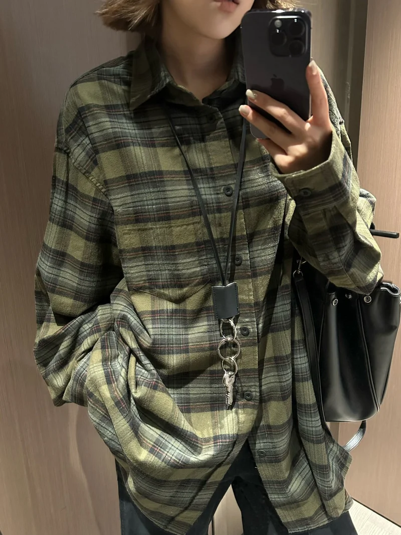 2024 Autumn New Women's Shirt Fashion Exquisite American College Collar Grid Flannel Loose Large Size Shirt Jacket Women's Top