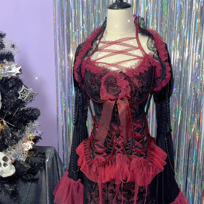 Punk Gothic Sexy Black Red Classical Court Women's Sling Dress New Lace Hollow Out Splicing Beaded Chain Long Dresses Ladies