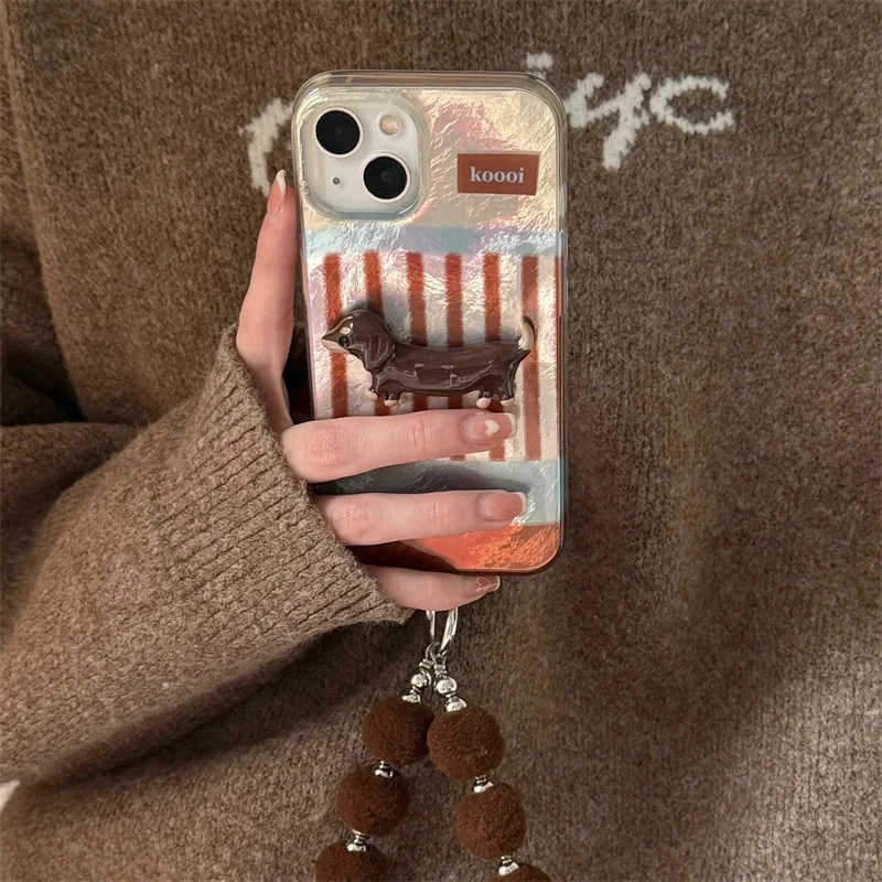 Whirlpool gestreepte retro bruine telefoonhoes met 3D puppy en telefoonketting voor iPhone 11 12 13 14 15 16 pro max