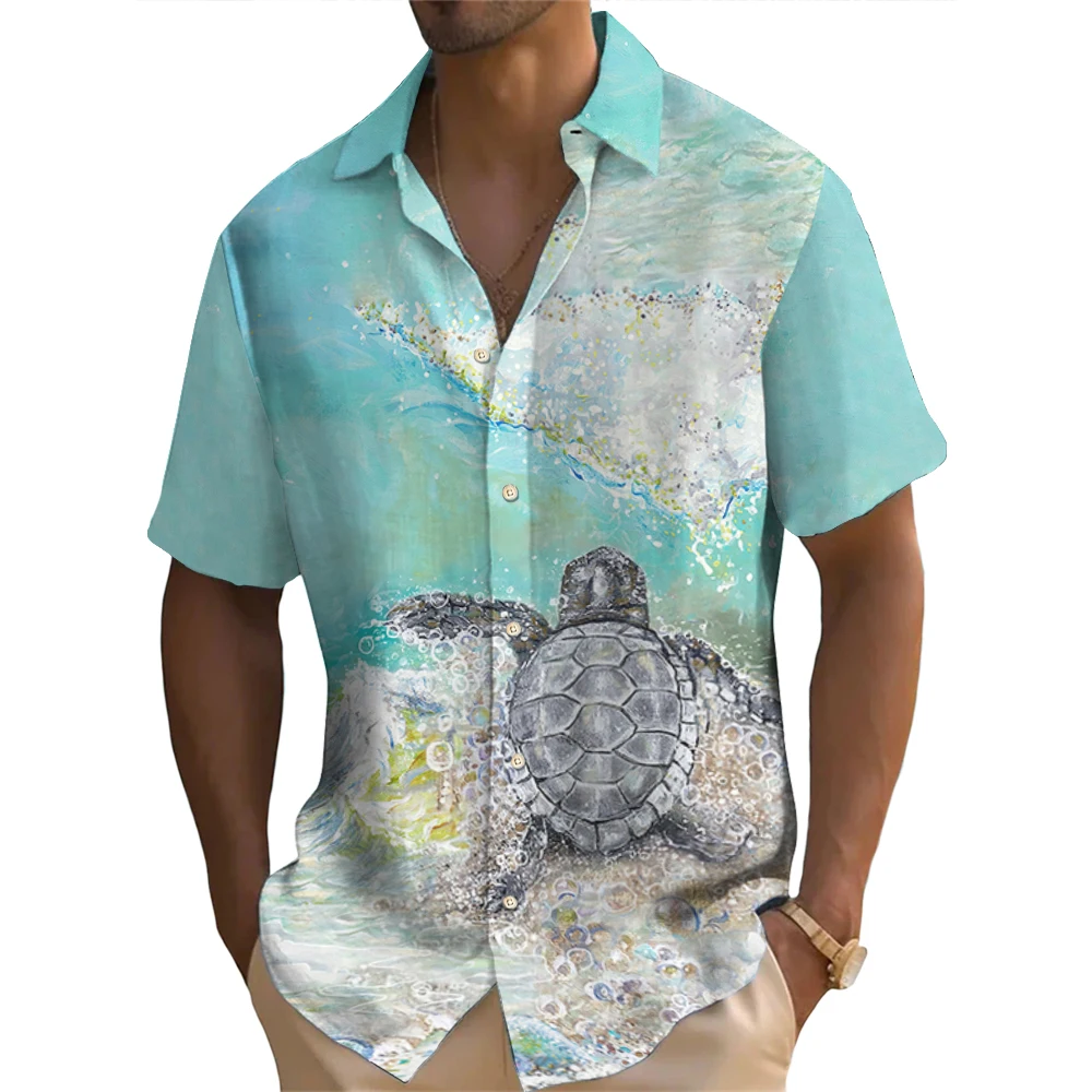 Summer Fashion Retro Ocean Animals Turtle Print Men\'s Short Sleeve Shirt Street Casual Daily Oversized Men Shirts Oversized Tops