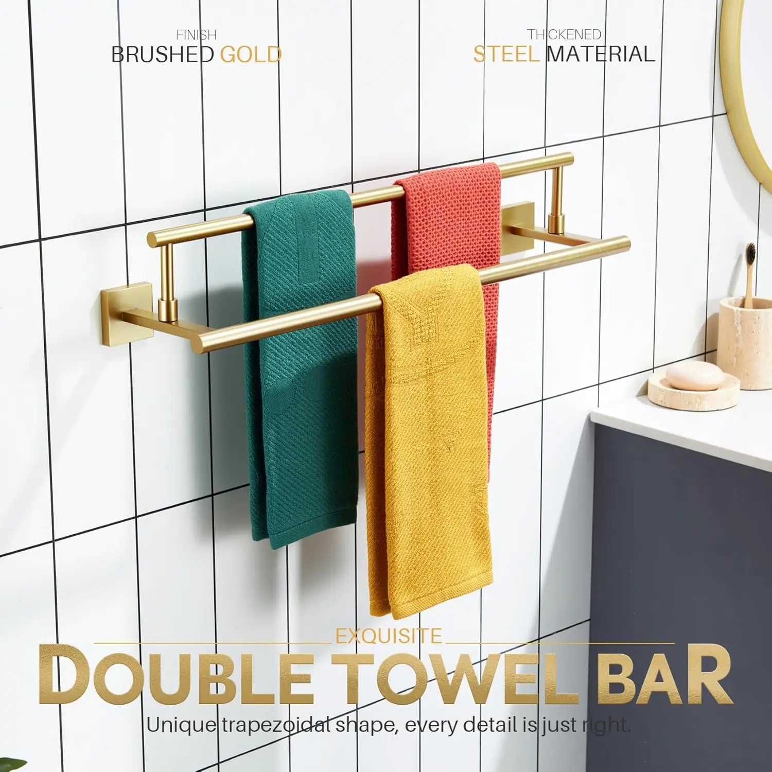 

24-Inch Towel Bars Double Bath Towel Rails Bathroom Holder Racks For Cabinet Kitchen Brushed Gold Stainless Steel B5009Bg-L24