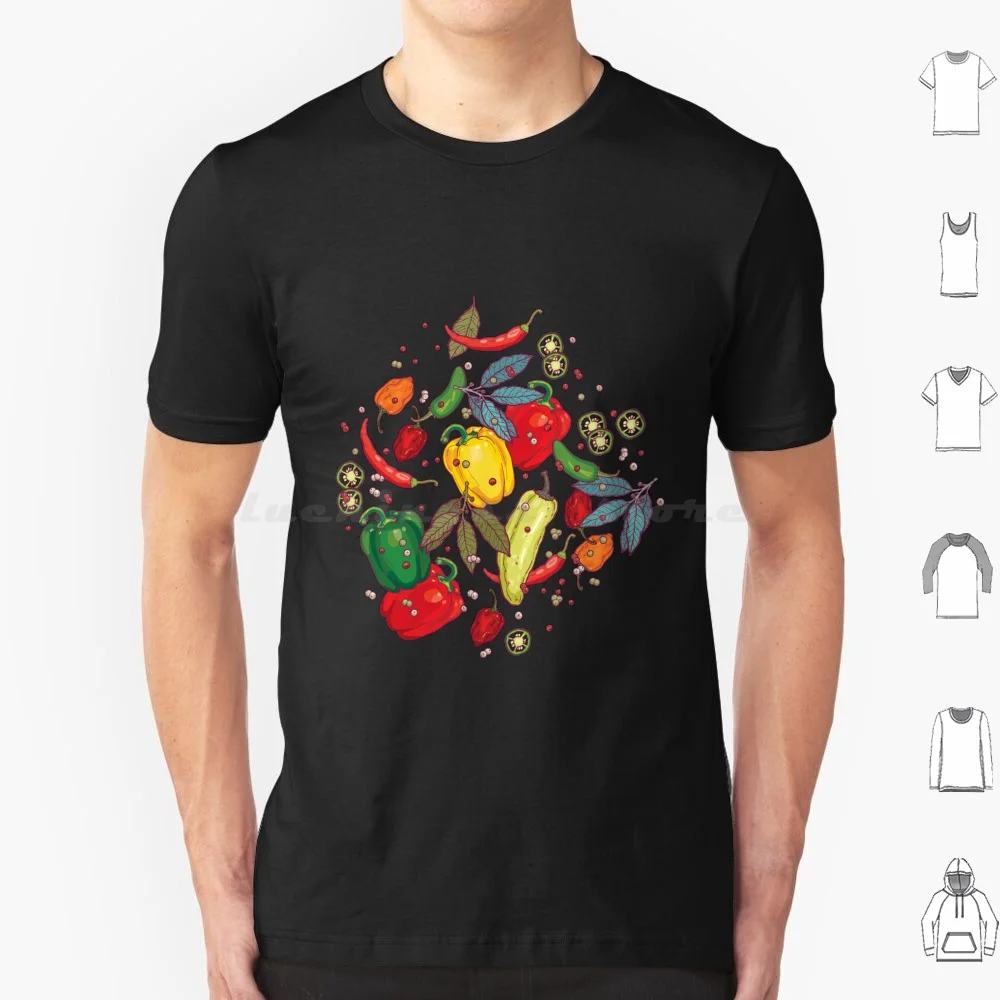 ¡Caliente y picante! Camiseta hombres mujeres niños 6xl caliente picante comida sabrosa pimientos campana pimienta pimienta rosa granos de pimienta verde