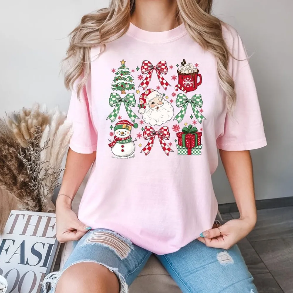 T-Shirt de fête de noël mignon élément de noël chemise arc bonhomme de neige père noël imprimé T-Shirt cadeau de noël femmes décontracté couverture en coton