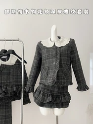 Women Two Piece Sets Vintage Long Sleeve Jacket Coat with A-Line Mini Skirts Vintage Y2k Plaid Skirt Sets Elegant 2000s Clothes