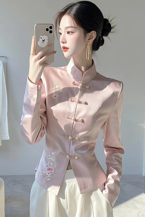 

Spring Pink Satin Blouse for Women New Chinese Style Waist Cinched Elegant Top High End Oriental Look Luxury Aesthetic Shirt