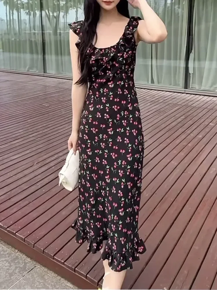 

Female O-Neck Cherry Print Sweet Midi Dress Women Holiday Sleeveless Fishtail Dresses for Spring Summer