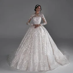 Luxury Royal Ball Gown Wedding Dresses 2024 O-Neck Long Sleeve Lace Appliques Dress Tailor Made  High Quality Women Clothing