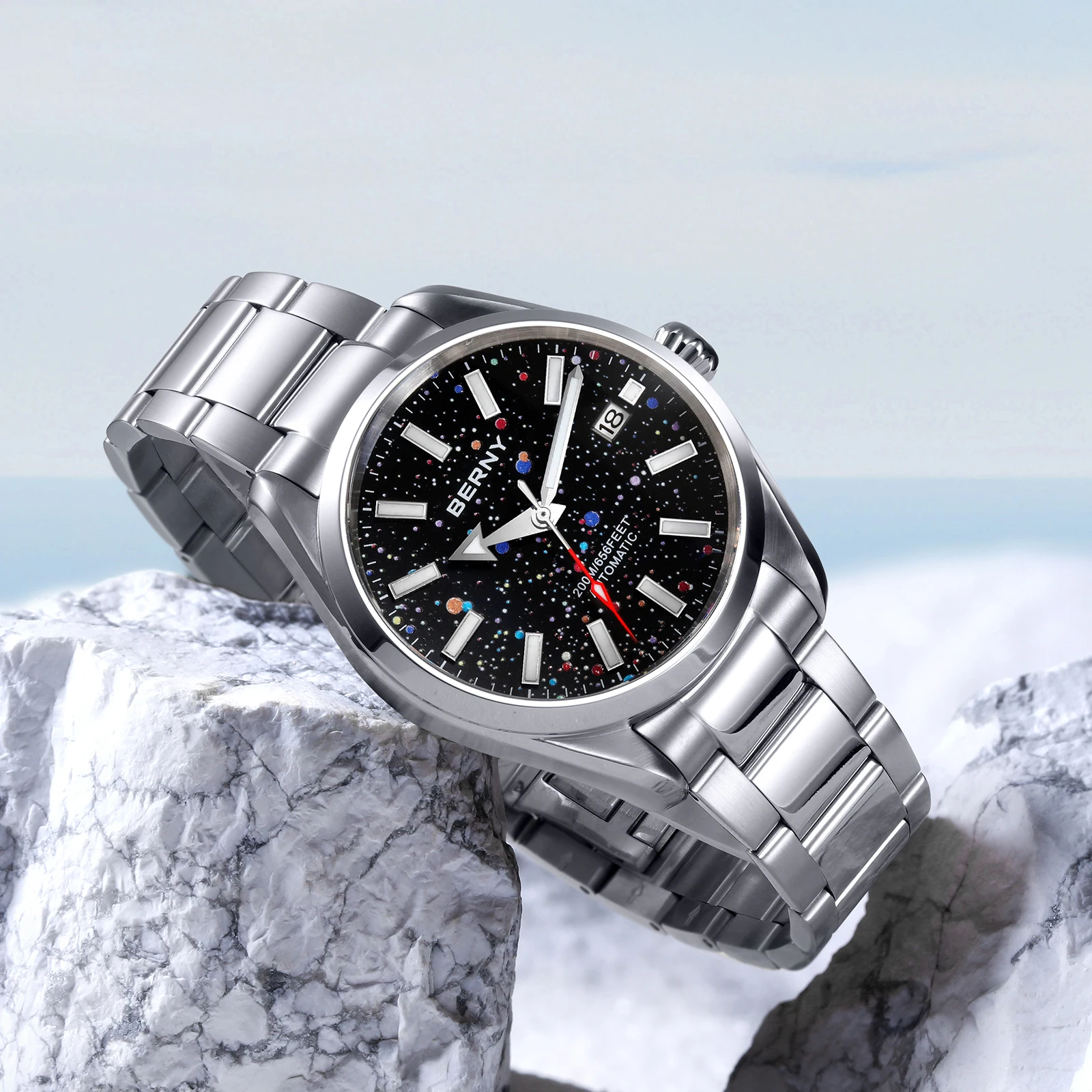 BERNY 20ATM Automatic Men Watch Sapphire AR Calendar Arrow Hands Supper Luminous Swimming Colorful Starry Sky Dial Men Watches